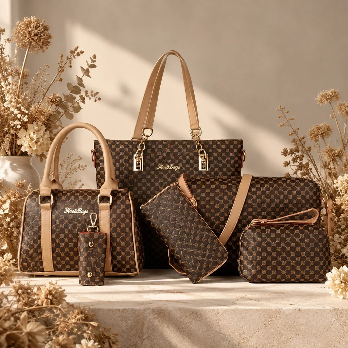 Bohème | Ensemble de sacs à main 6 pièces pour femme – Cabas, sac à main, pochette, sac bandoulière, portefeuille & étui à clés