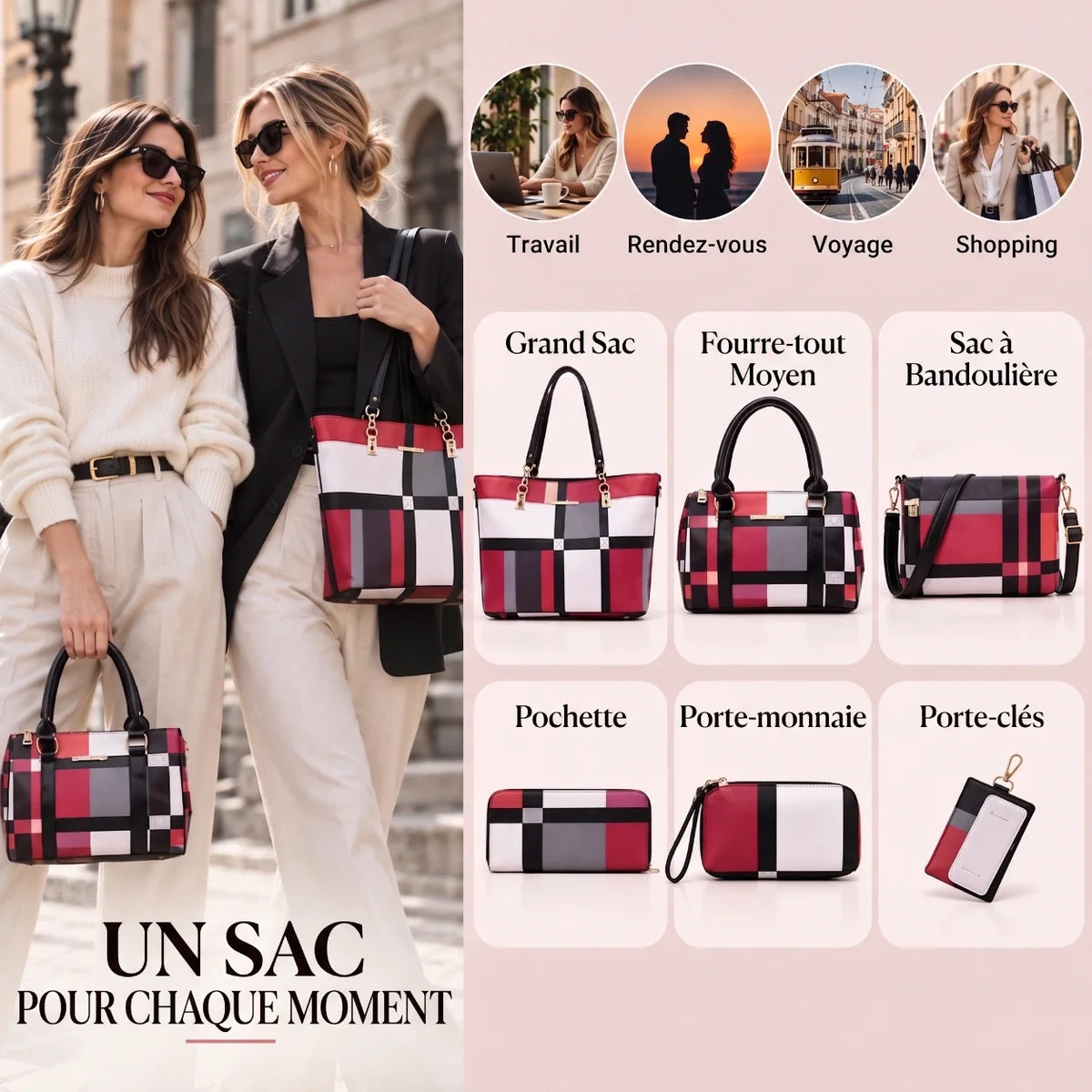 Élodie | Ensemble de sacs à main 6 pièces pour femme – Cabas, sac à anses, sac bandoulière, pochette & portefeuille