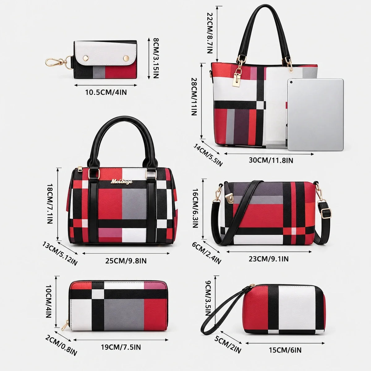 Élodie | Ensemble de sacs à main 6 pièces pour femme – Cabas, sac à anses, sac bandoulière, pochette & portefeuille