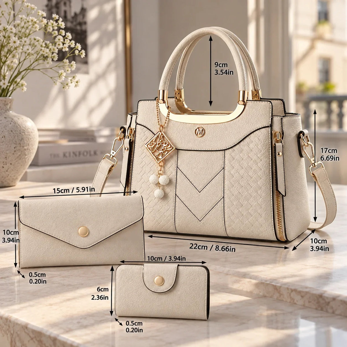 Chevron | Ensemble de sacs à main 3 pièces pour femme – Cabas, portefeuille & porte-cartes